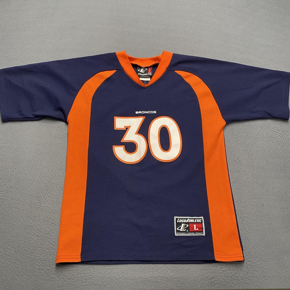 Vintage Denver Broncos Jersey Boys Large Blue NFL Terrell Davis 30 Logo Athletic